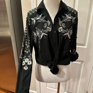 Black Embroidered Tie-Front Women's Shirt